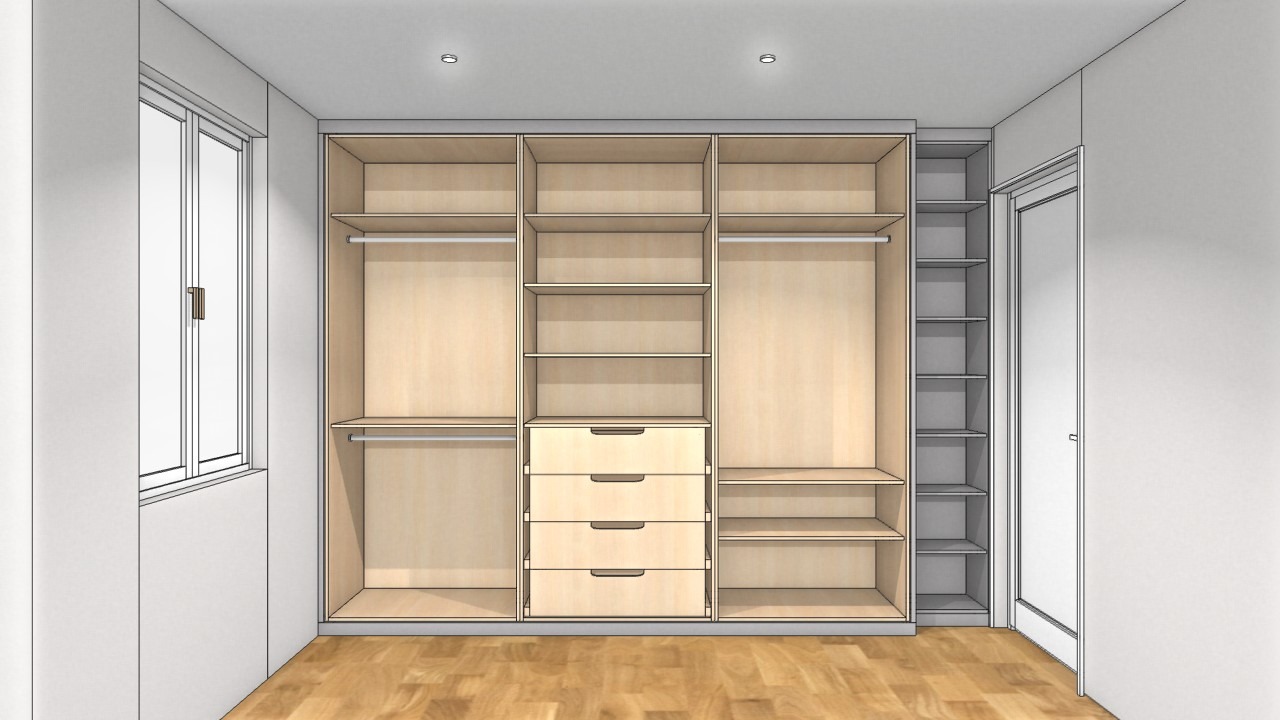Wizualizacja szafy na wymiar z jasnego drewna z czterema szufladami i półkami, z drążkami na ubrania, w pomieszczeniu w Warszawie z oknem po lewej stronie i drzwiami po prawej.
