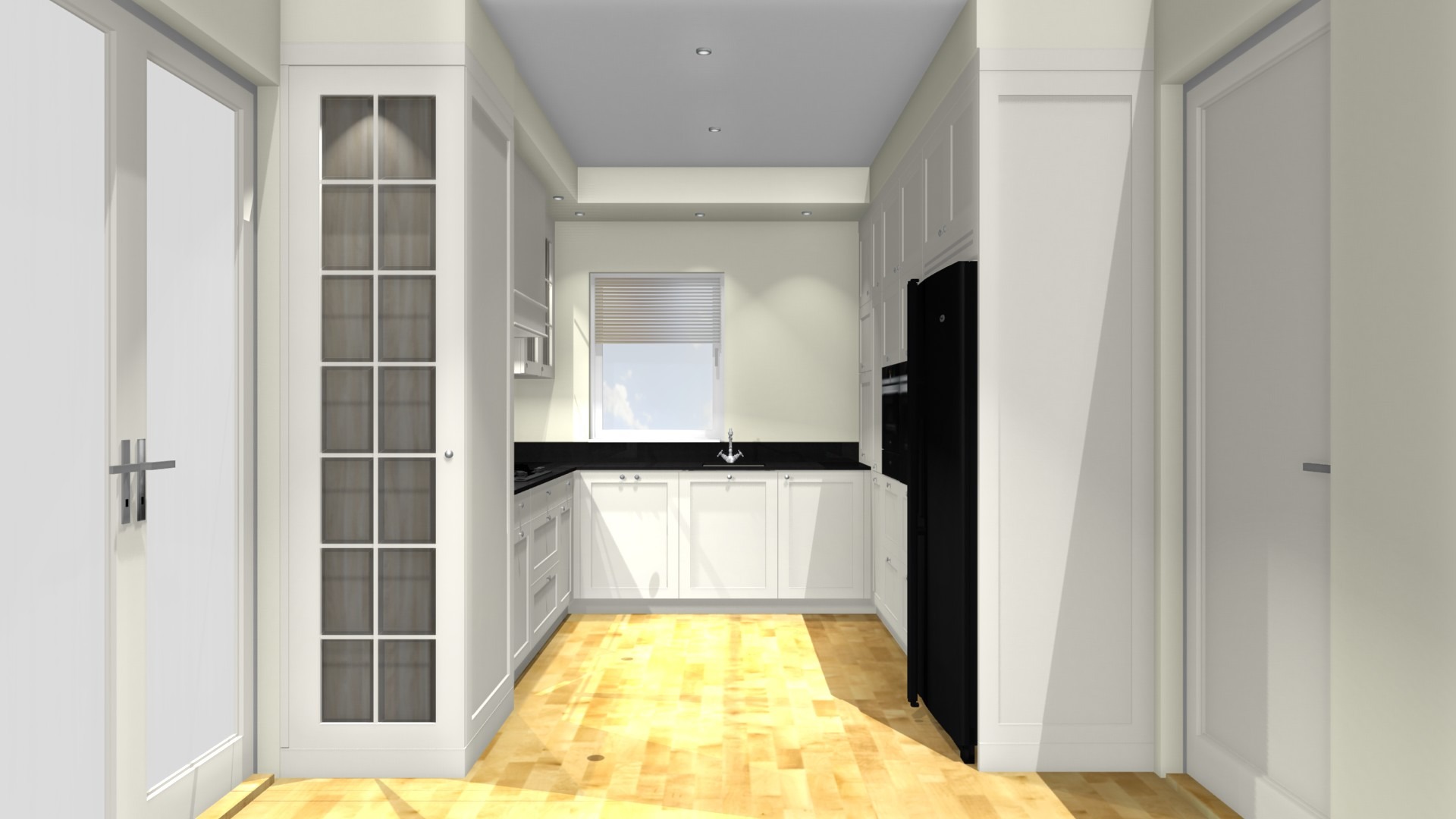 Wizualizacja wąskiej kuchni z białymi szafkami, czarnym blatem i drewnianą podłogą, z oknem z żaluzjami i czarną lodówką.