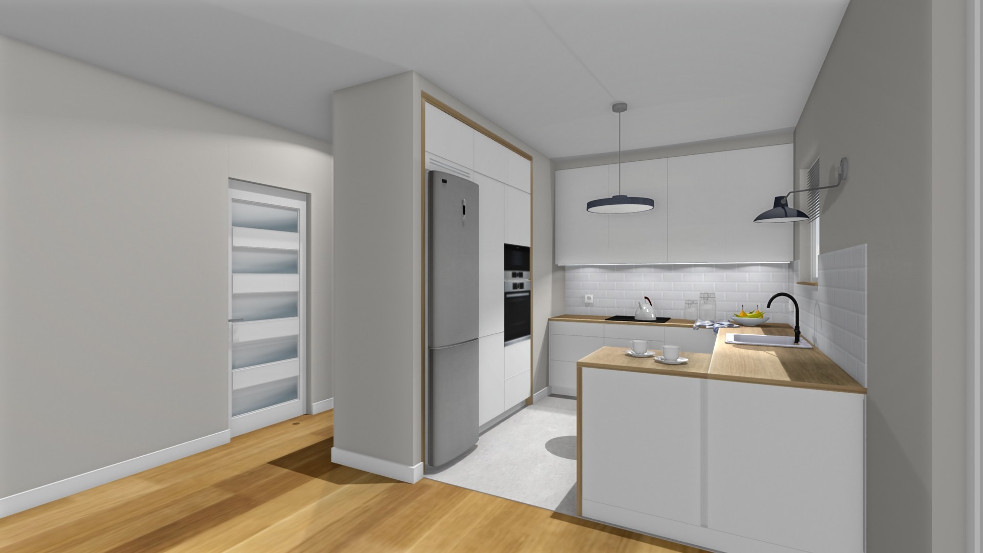 Wizualizacja nowoczesnej kuchni z białą zabudową, drewnianym blatem, szarą lodówką i drewnianą podłogą, oświetlona lampami wiszącymi.