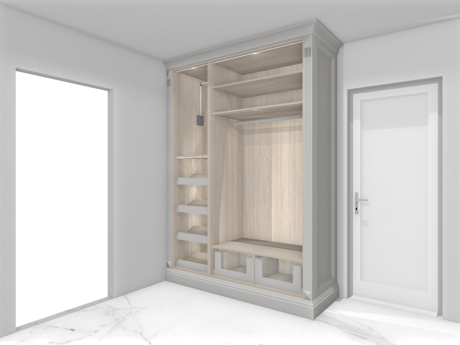 Wizualizacja szafy wnękowej z jasnego drewna z półkami, drążkiem i siedziskiem, w białym pomieszczeniu z marmurową podłogą, obok białych drzwi.