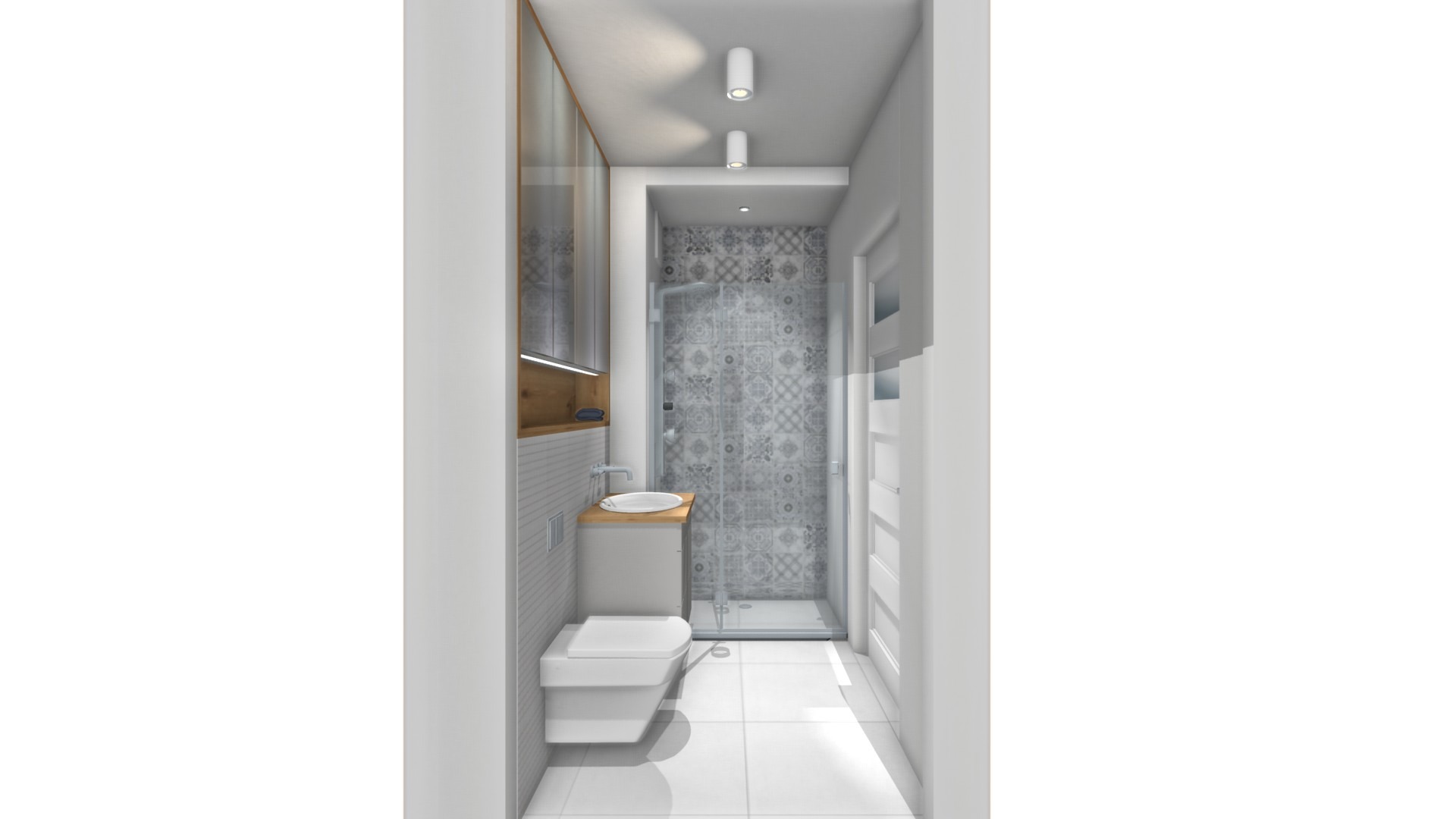 Wąska, nowoczesna łazienka z białą armaturą, kabiną prysznicową z wzorzystymi płytkami i drewnianymi akcentami, oświetlona dwoma punktowymi lampami sufitowymi.