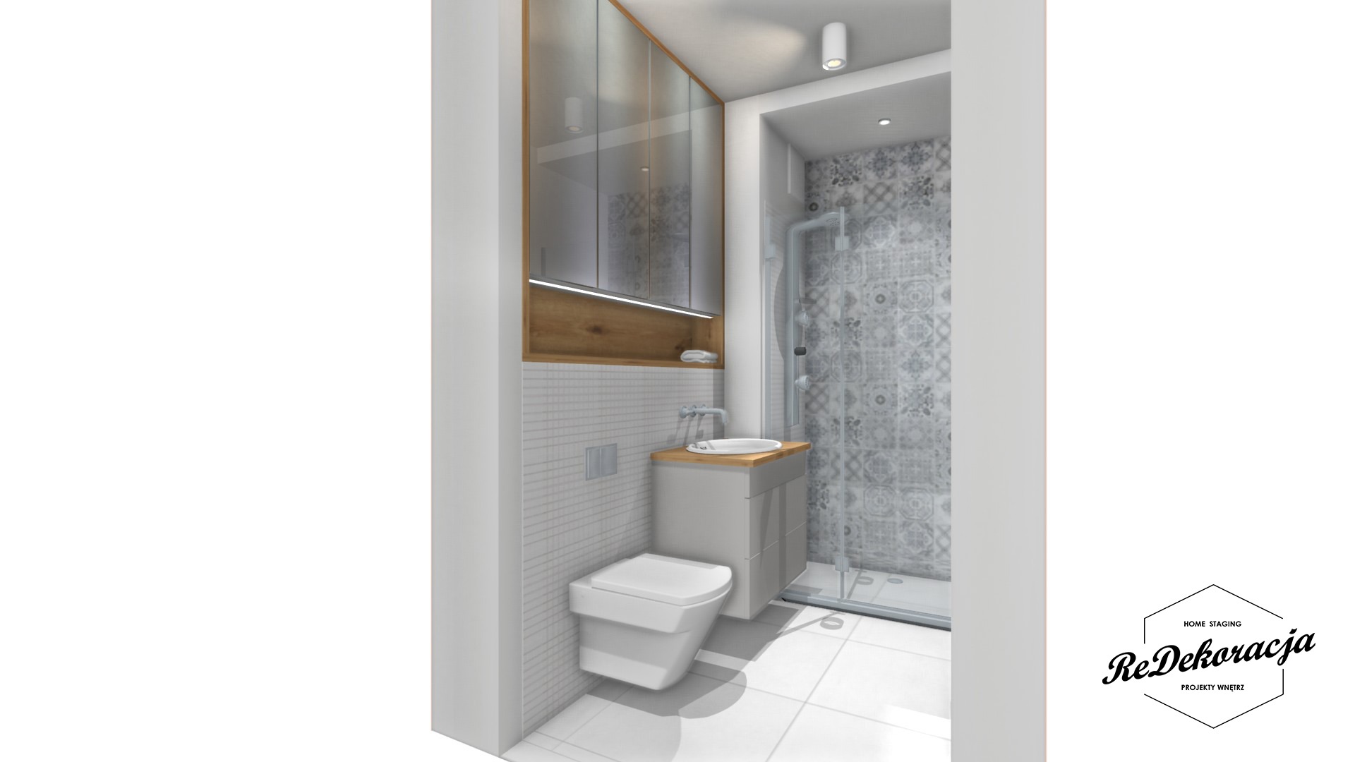 Wizualizacja małej łazienki z toaletą podwieszaną, umywalką nablatową na szafce, kabiną prysznicową z dekoracyjnymi płytkami i szafką wiszącą z lustrzanymi frontami.