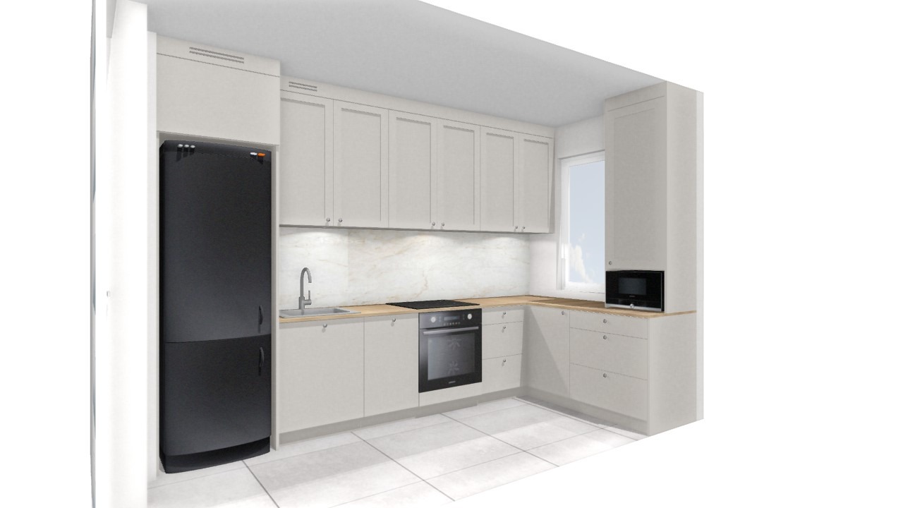 Wizualizacja jasnej kuchni z białymi szafkami, drewnianym blatem i czarną lodówką w zabudowie.