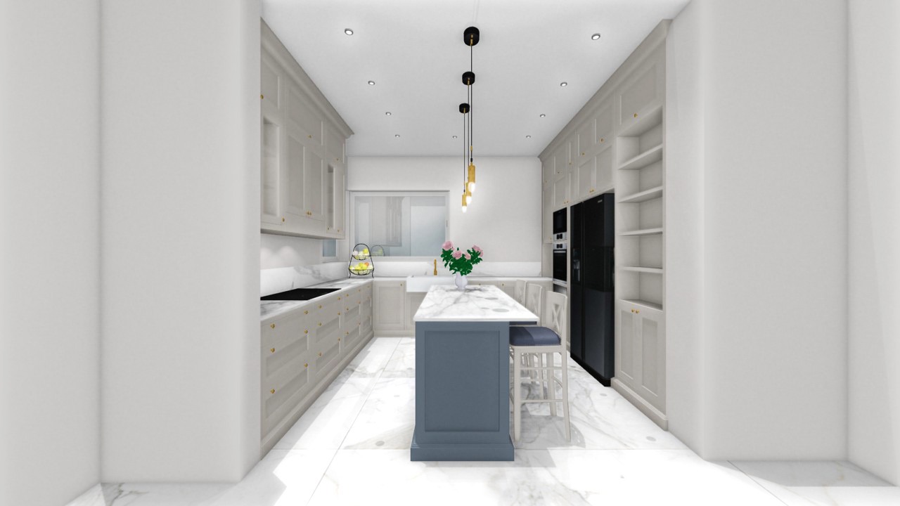 Wizualizacja kuchni w stylu klasycznym z szarymi szafkami, marmurowym blatem i wyspą w kolorze granatowym, oświetlona wiszącymi lampami z elementami złotymi.