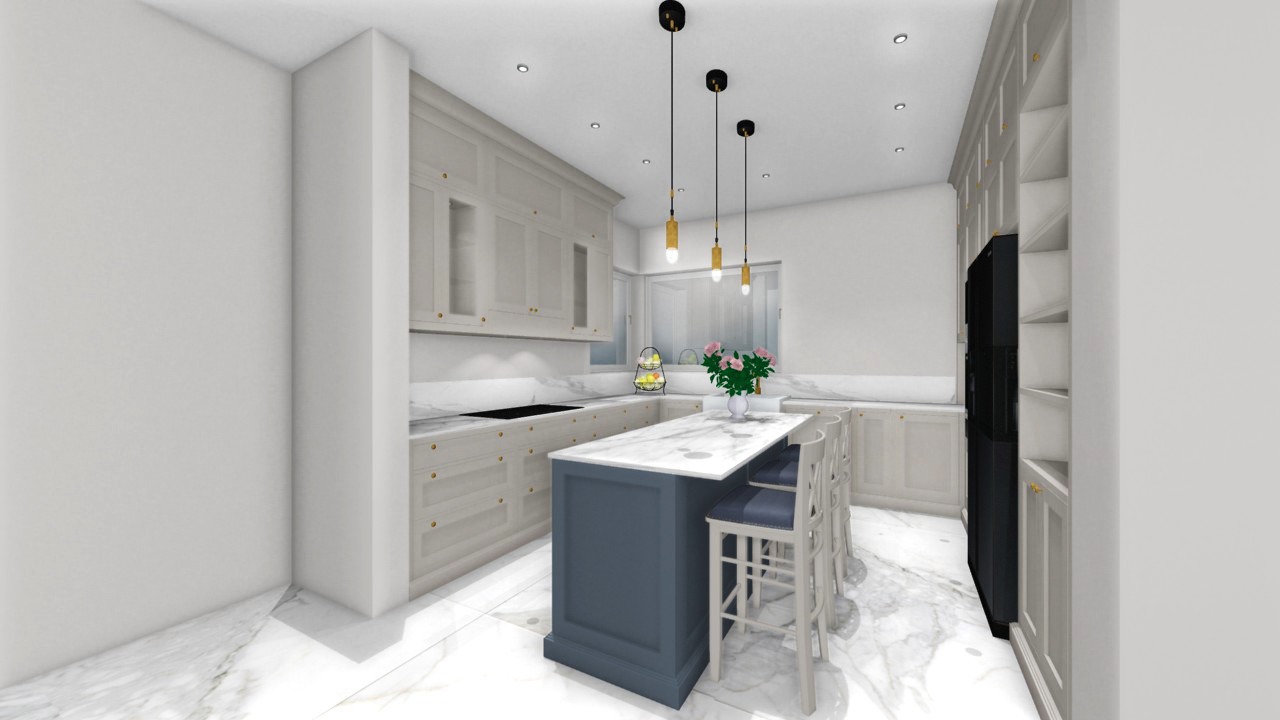 Wizualizacja przestronnej kuchni z wyspą, marmurową podłogą, kremowymi szafkami z złotymi uchwytami i trzema wiszącymi lampami nad wyspą.