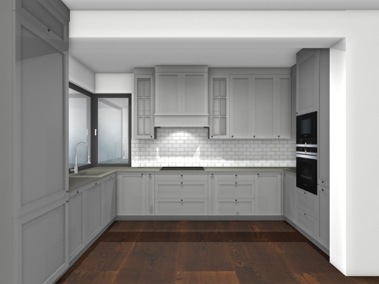 Wizualizacja szarej kuchni w stylu klasycznym z drewnianą podłogą, białymi płytkami na ścianie i nowoczesnym sprzętem AGD.