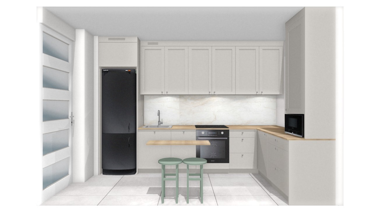 Wizualizacja jasnej kuchni z drewnianym blatem, czarną lodówką i dwoma zielonymi stołkami barowymi przed wysuwanym blatem