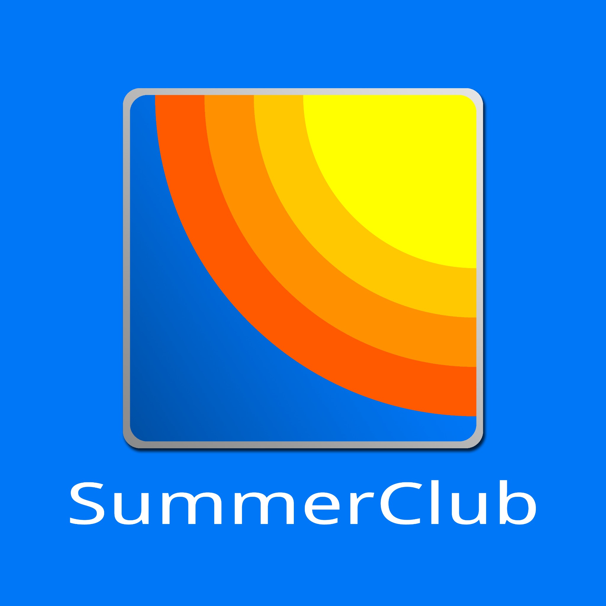 Grafika SummerClub: Stylizowana ikona słońca w kwadracie z zaokrąglonymi rogami, gradient pomarańczowo-żółty na niebieskim tle. Minimalistyczny design.