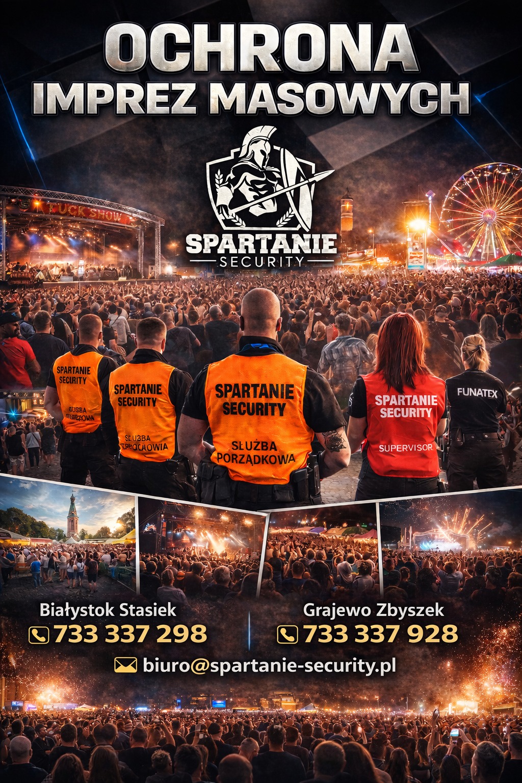 Plakat z tłumem na imprezie masowej, logo Spartanie Security, ochrona w pomarańczowych kamizelkach. Kontakt do biura w Białymstoku i Grajewie.