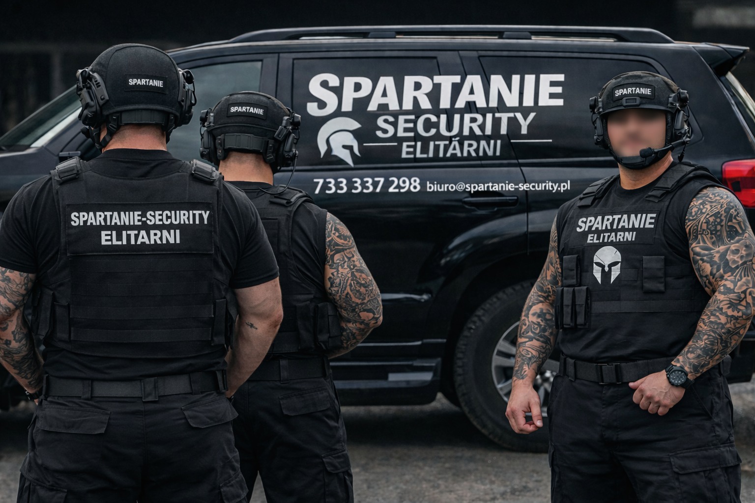 Trzech ochroniarzy w czarnych uniformach stoi przed czarnym SUV-em z logo i danymi kontaktowymi. Widoczne tatuaże na rękach jednego z mężczyzn. Ujęcie od pasa w górę.