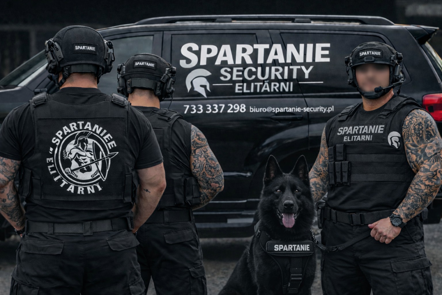 Trzech ochroniarzy w czarnych uniformach z psem rasy owczarek niemiecki na tle czarnego SUV-a z logo firmy. Widoczne tatuaże na rękach ochroniarzy.