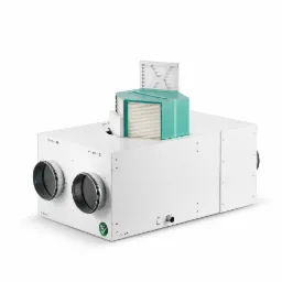 Centrala wentylacyjna z rekuperacją, widoczne dwa okrągłe otwory wentylacyjne, filtry powietrza, obudowa w kolorze białym, oznaczenia 'czerpnia' i 'wyrzutnia'.