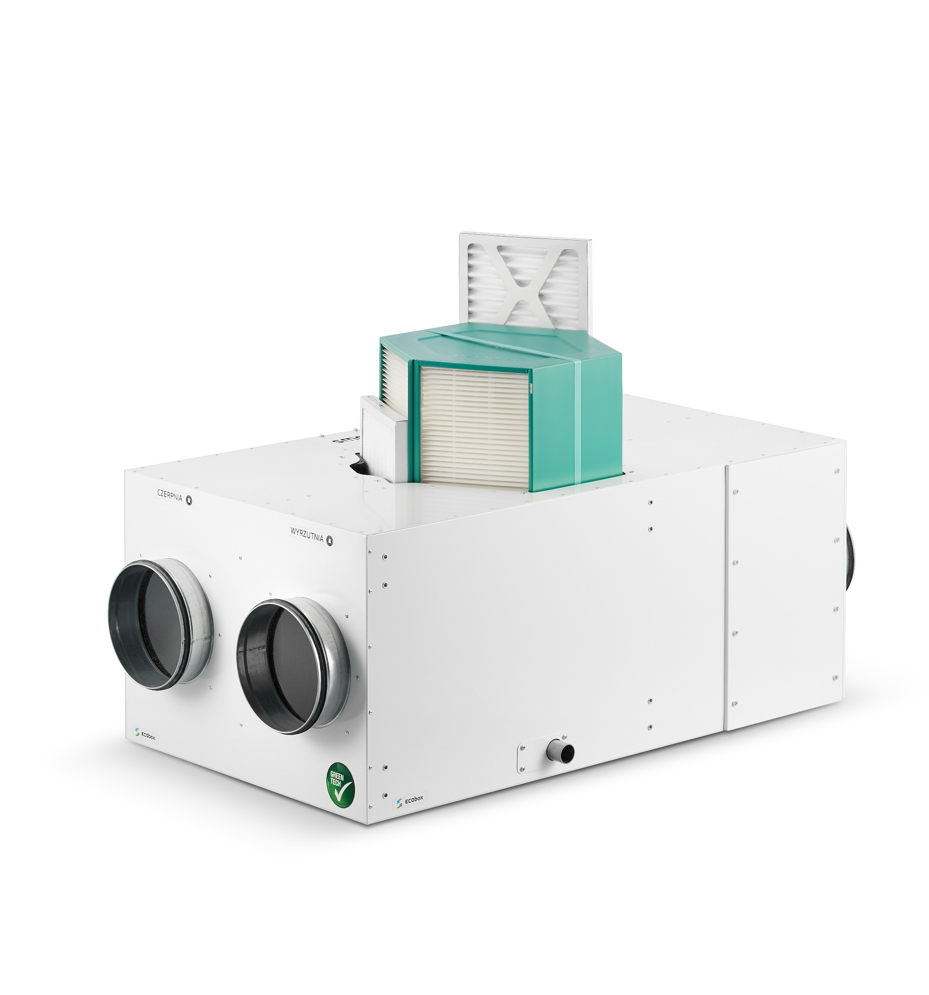 Centrala wentylacyjna z rekuperacją, widoczne dwa okrągłe otwory wentylacyjne, filtry powietrza, obudowa w kolorze białym, oznaczenia 'czerpnia' i 'wyrzutnia'.