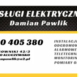 Wizyt&oacute;wka firmy elektrycznej Damian Pawlik z numerem telefonu, adresem i adresem e-mail, oferującej instalacje elektryczne, odgromowe, alarmowe, teletechniczne, monitoring i pomiary okresowe.