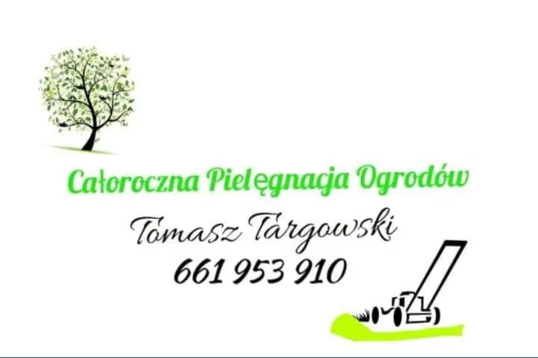 Grafika z logo firmy ogrodniczej: stylizowany rysunek drzewa, napis 'Całoroczna Pielęgnacja Ogrodów', imię i nazwisko oraz numer telefonu, obok schematyczna kosiarka.