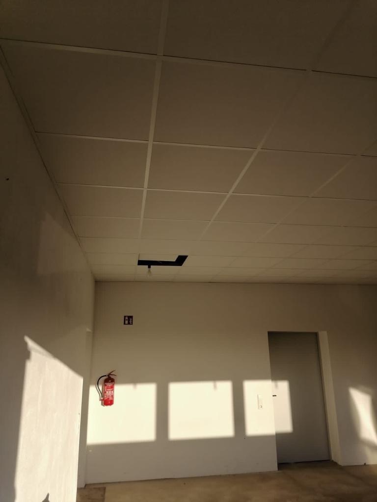 Wnętrze biura w Bad Berleburg przed malowaniem: widoczny sufit podwieszany z rastrem, białe ściany z gaśnicą i wpadające promienie słoneczne.