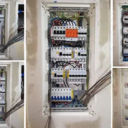 Kolaż przedstawiający różne etapy montażu rozdzielnic elektrycznych w surowym stanie, widoczne kable i zabezpieczenia, w tym modele EATON.