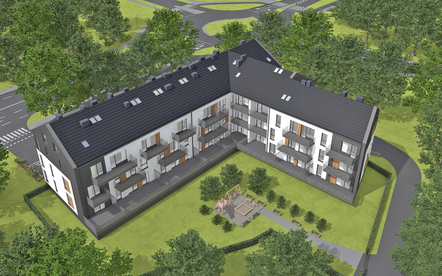 Wizualizacja z lotu ptaka nowoczesnego, wielorodzinnego budynku z balkonami, placem zabaw i zagospodarowanym terenem zielonym.