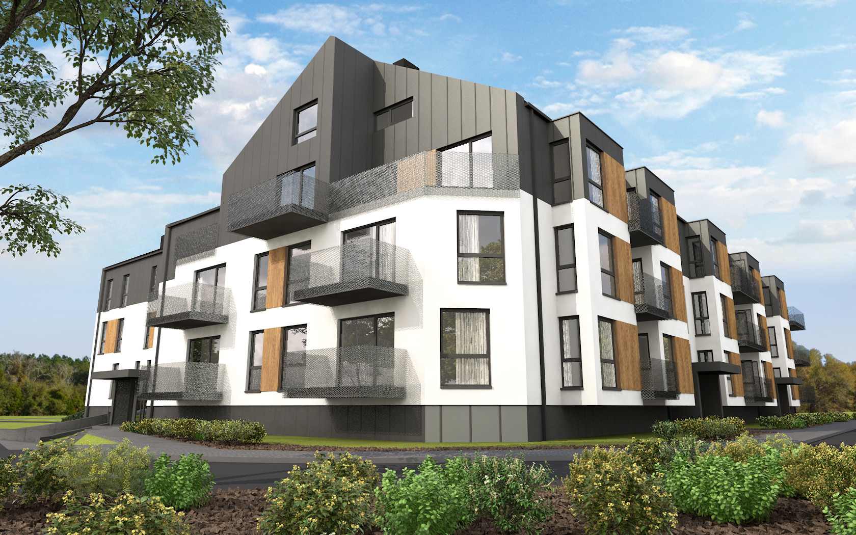 Wizualizacja nowoczesnego budynku wielorodzinnego z balkonami, białą elewacją i szarą blachą na dachu, otoczonego zielenią.