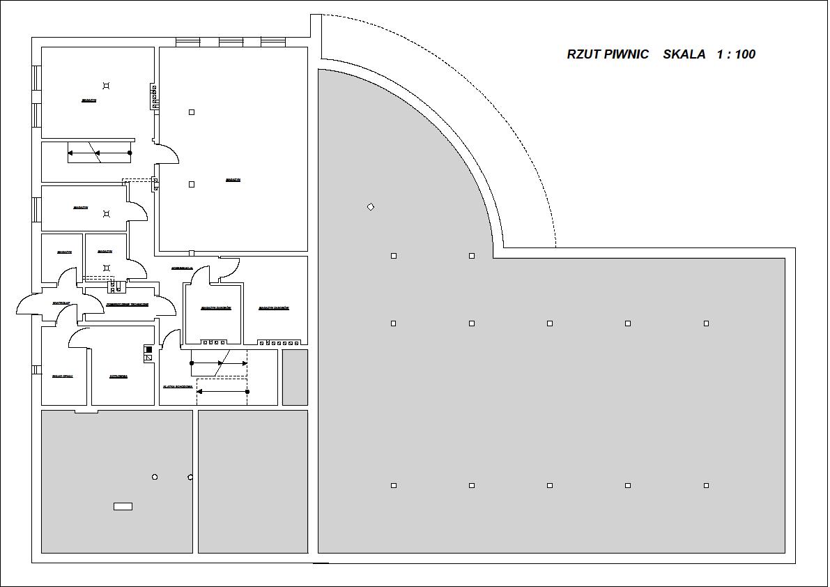 Rzut piwnicy w skali 1:100, przedstawiający plan pomieszczeń z zaznaczonymi ścianami, drzwiami i oknami. Projekt budowlany Domu Weselnego z pokojami.