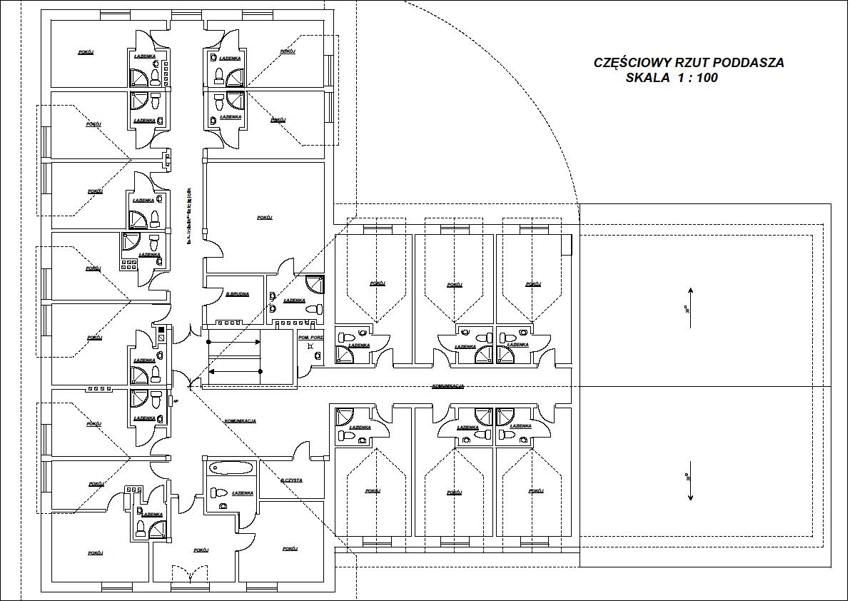 Częściowy rzut poddasza budynku weselnego z pokojami, skala 1:100, widoczne pokoje z łazienkami i komunikacja.