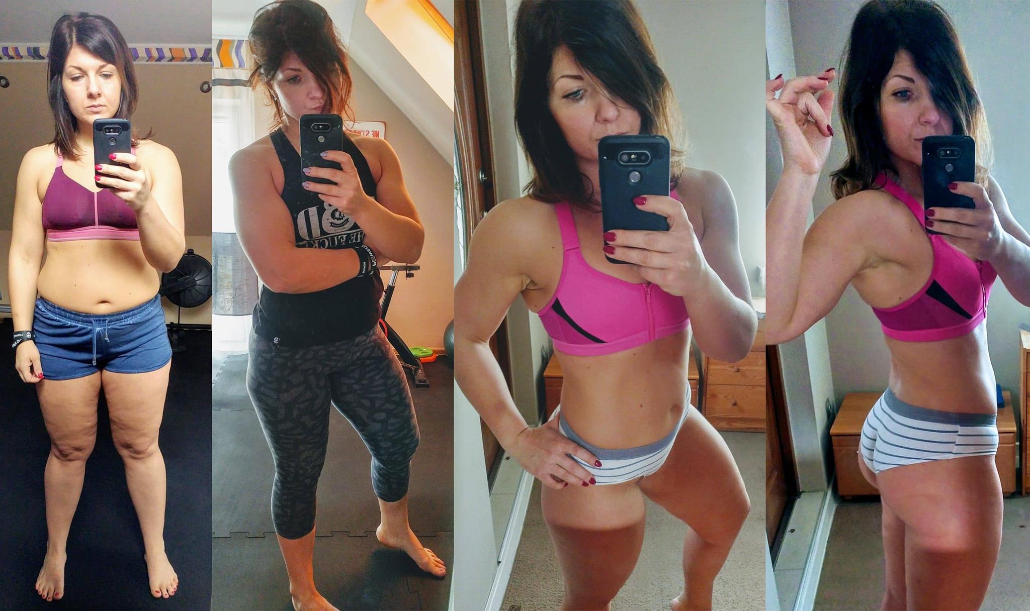 Kobieta dokumentuje metamorfozę sylwetki za pomocą serii selfie w lustrze, prezentując efekty ćwiczeń i diety na przestrzeni czasu.