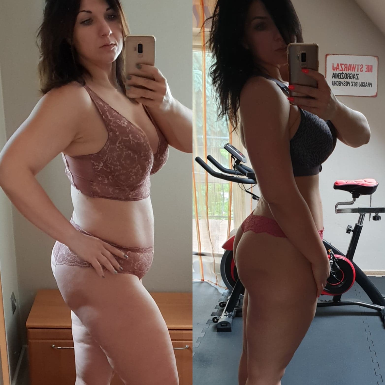 Kobieta prezentuje metamorfozę sylwetki, porównanie figury przed i po treningach, widoczny rower stacjonarny w tle, selfie w bieliźnie.