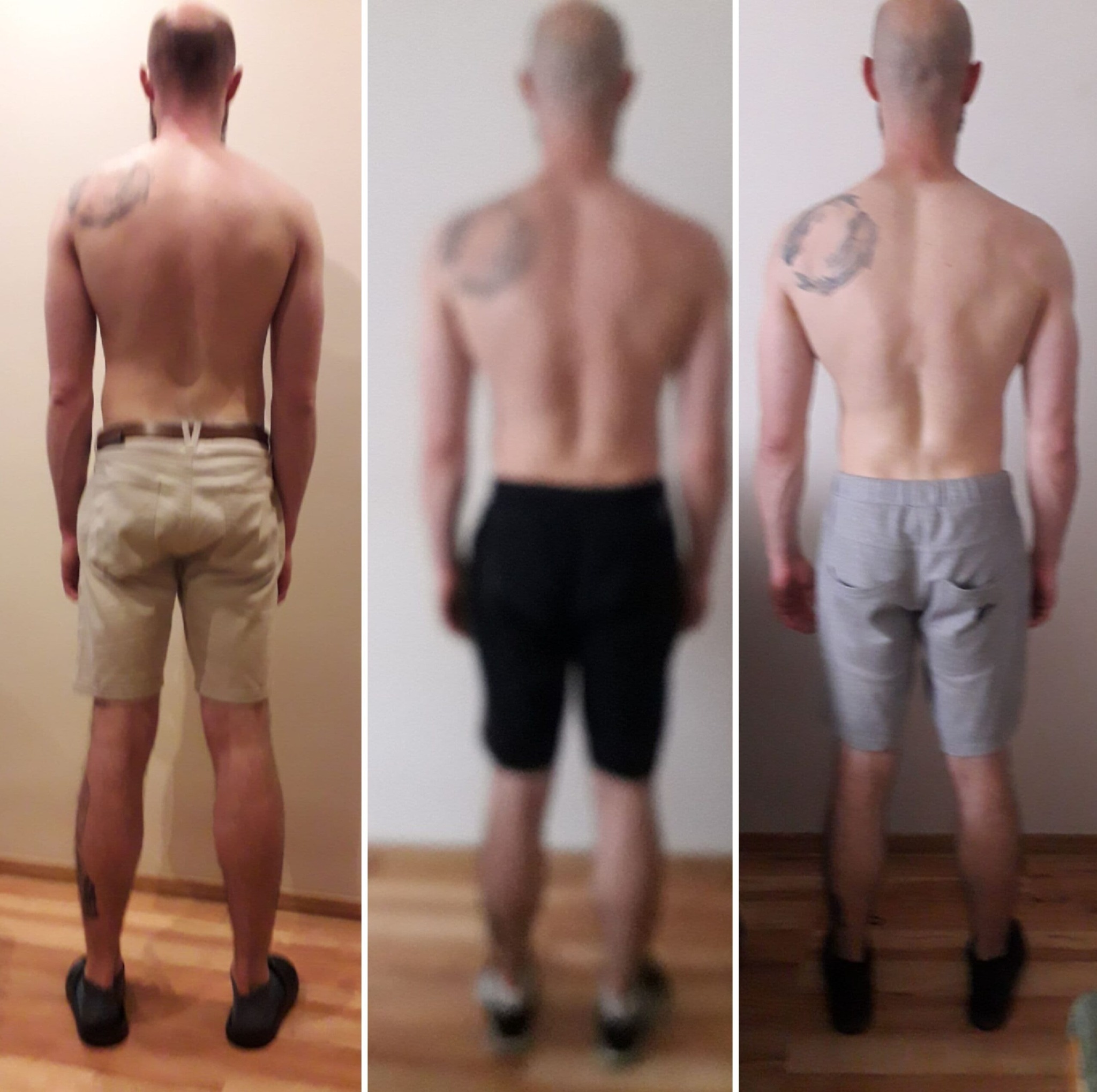 Trzy zdjęcia 'przed i po' sylwetki mężczyzny z tatuażem na plecach, widok z tyłu, przedstawiające zmiany w budowie ciała i proporcjach.