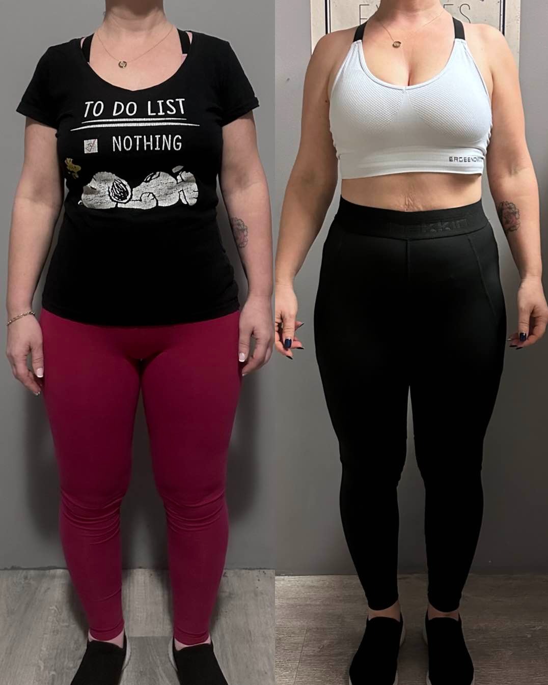 Kobieta prezentująca swoją sylwetkę przed i po, na szarym tle, z widoczną różnicą w obwodzie ciała i napięciu skóry.