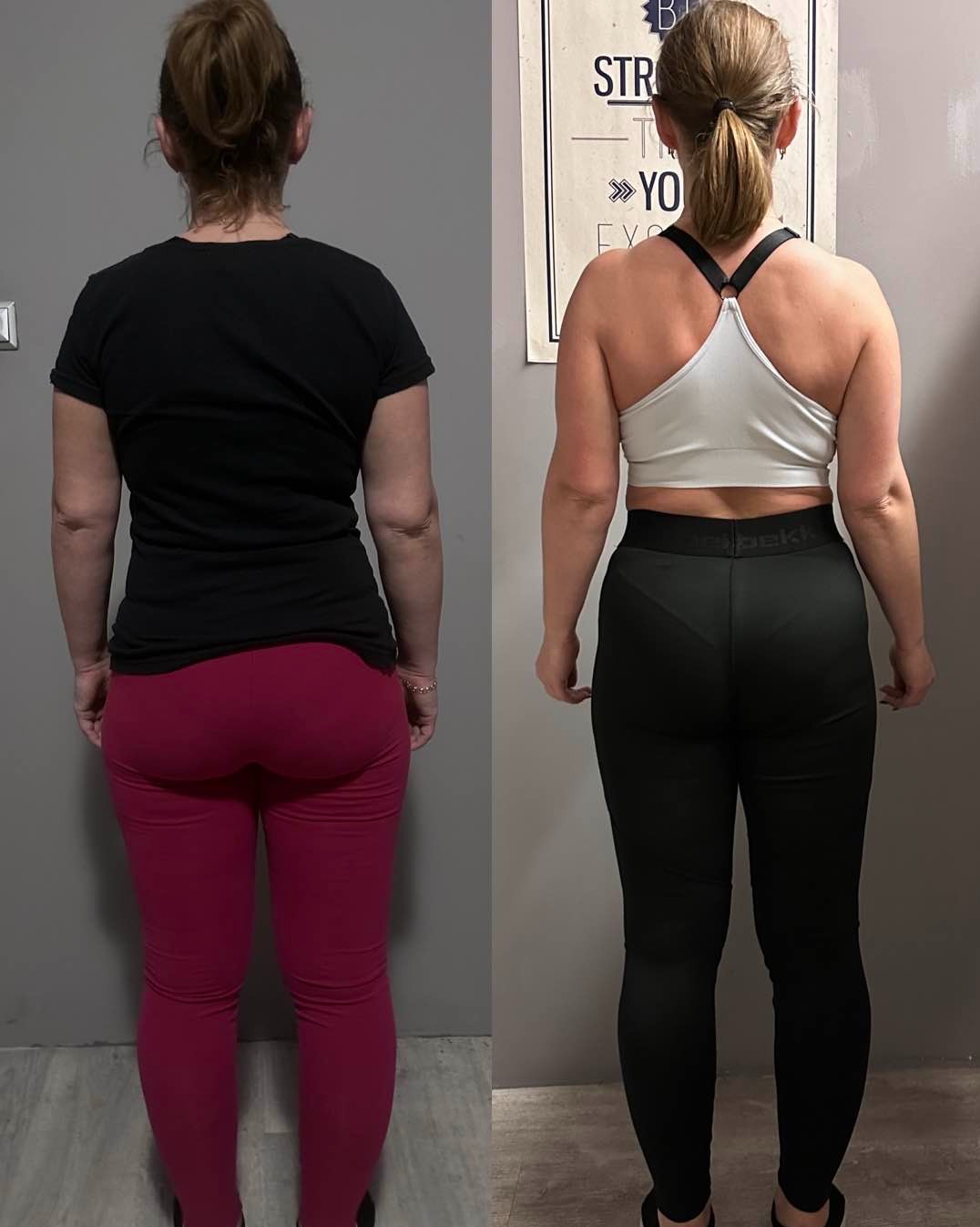 Zdjęcie 'przed i po' przedstawiające sylwetkę kobiety z tyłu, widoczne zmiany w budowie ciała i postawie po treningu.