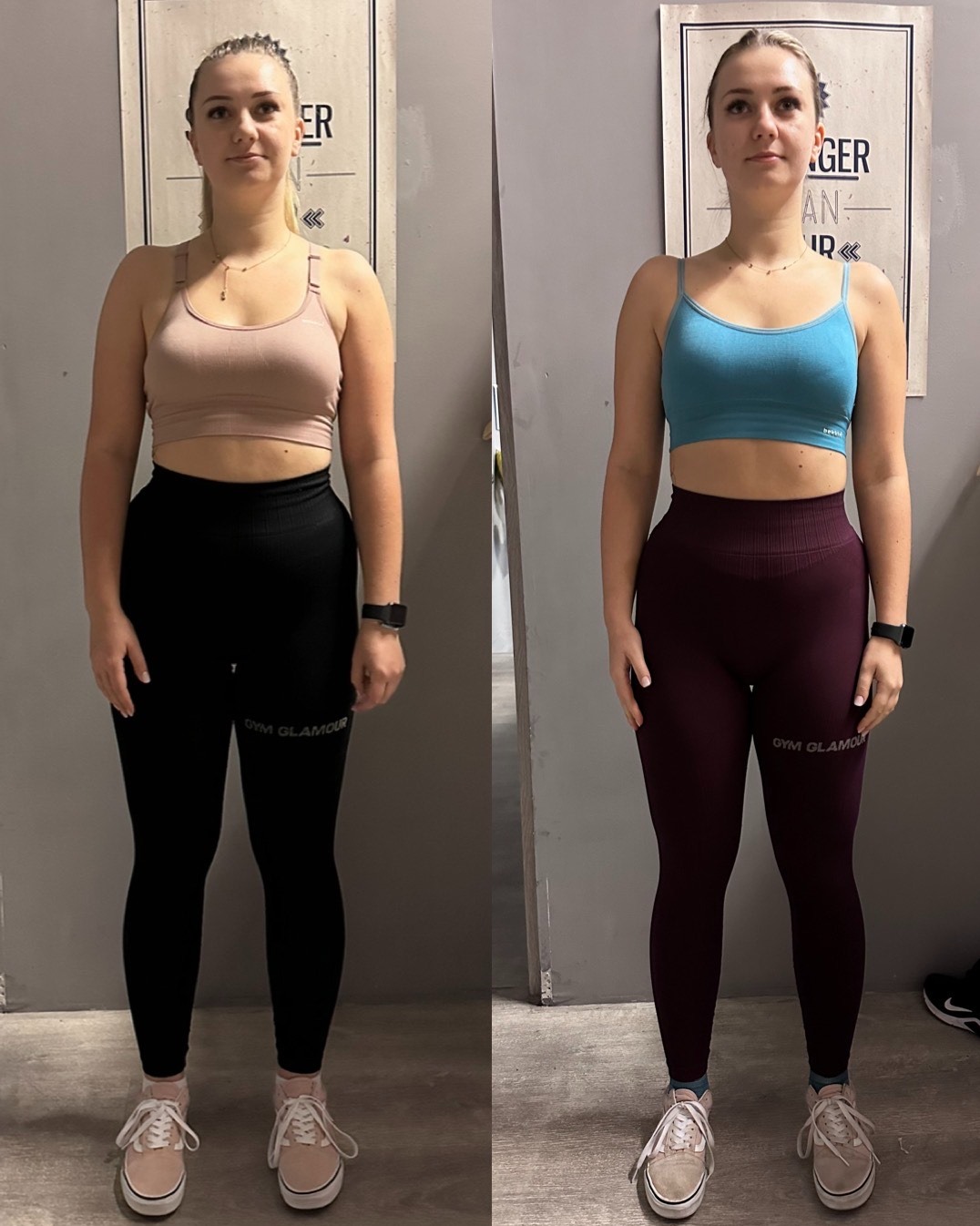 Zdjęcie 'przed i po' przedstawia kobietę w sportowym stroju, ukazującą wizualną zmianę sylwetki; po lewej stronie w różowym topie i czarnych legginsach, po prawej w niebieskim topie i bordowych...