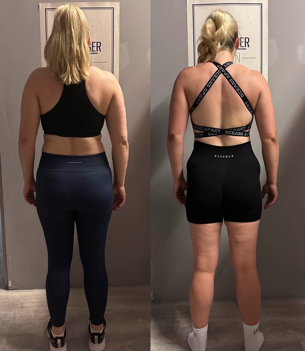 Kobieta, widok z tyłu, prezentuje porównanie sylwetki przed i po treningu, z zaznaczoną poprawą muskulatury pleców i ramion, w sportowym stroju z widocznymi napisami 'OCEANS APART' i 'FITSELF'.
