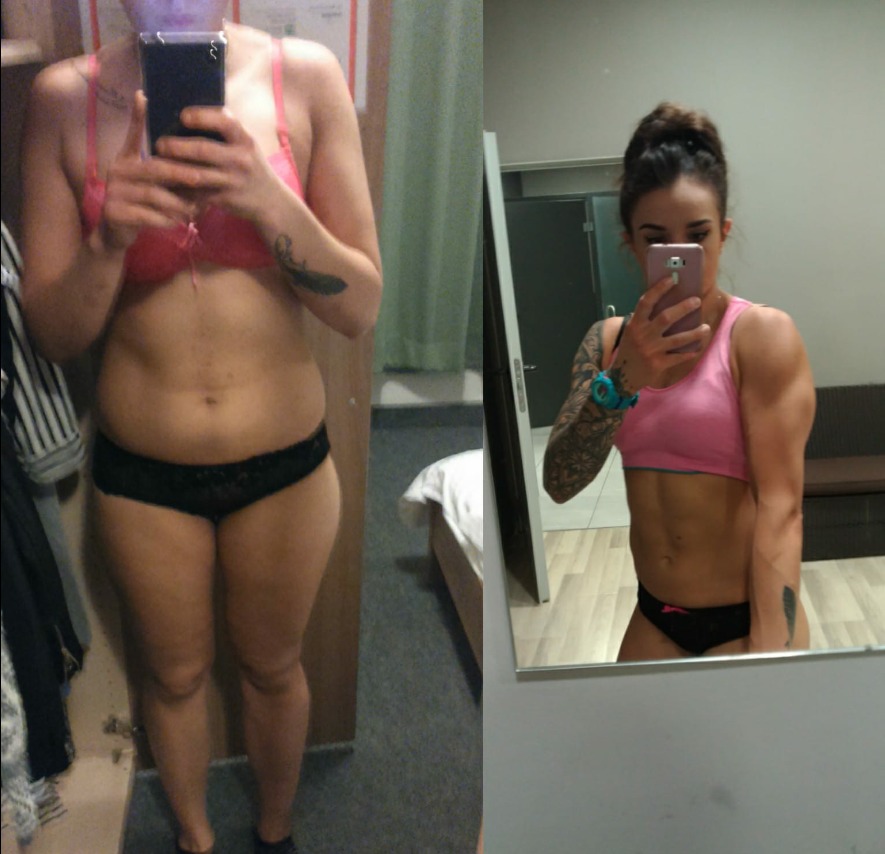 Kobieta robiąca zdjęcie porównawcze sylwetki przed i po treningu, widoczna różnica w muskulaturze ramion i brzucha, tatuaż na lewym ramieniu.