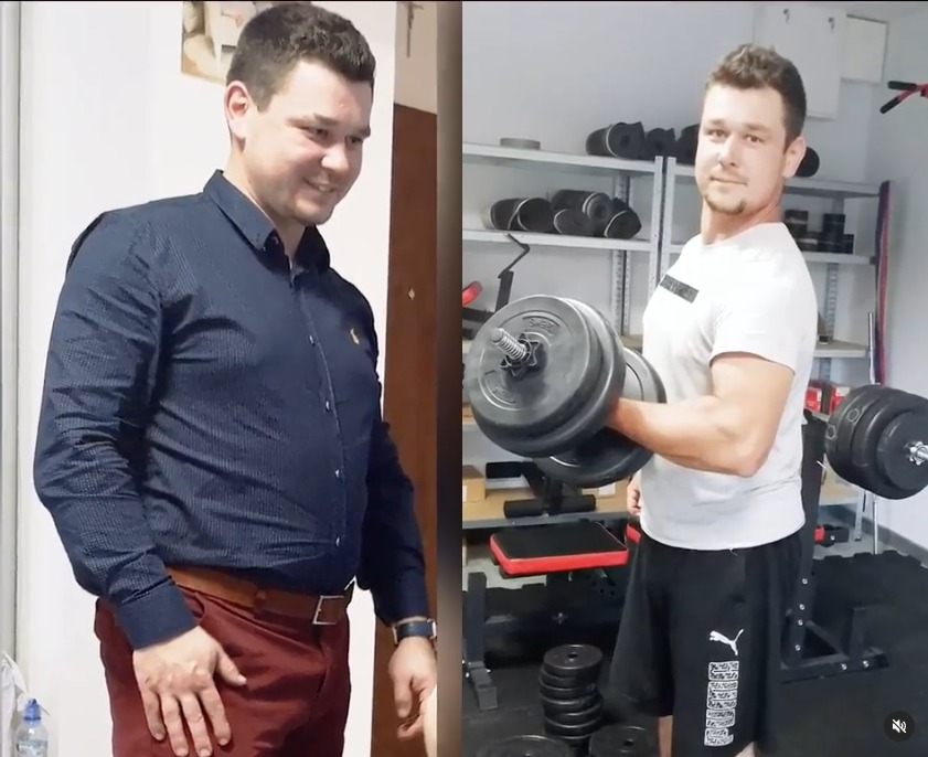 Mężczyzna w koszuli i spodniach przed i po treningu z hantlą, widoczna zmiana sylwetki i uśmiech na twarzy.