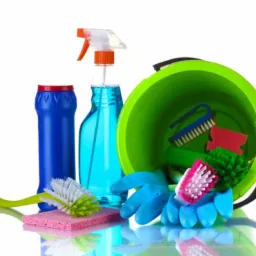 Zestaw środk&oacute;w czystości: niebieski płyn w butelce, spryskiwacz, zielone wiadro z szczotkami i gąbkami, niebieskie rękawice gumowe, szczotka do czyszczenia na gąbce.