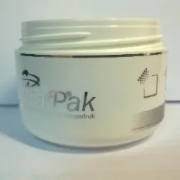 Biały pojemnik z nadrukowanym logo GrafPak oraz informacjami o termodruku i tampodruku na jasnym tle.