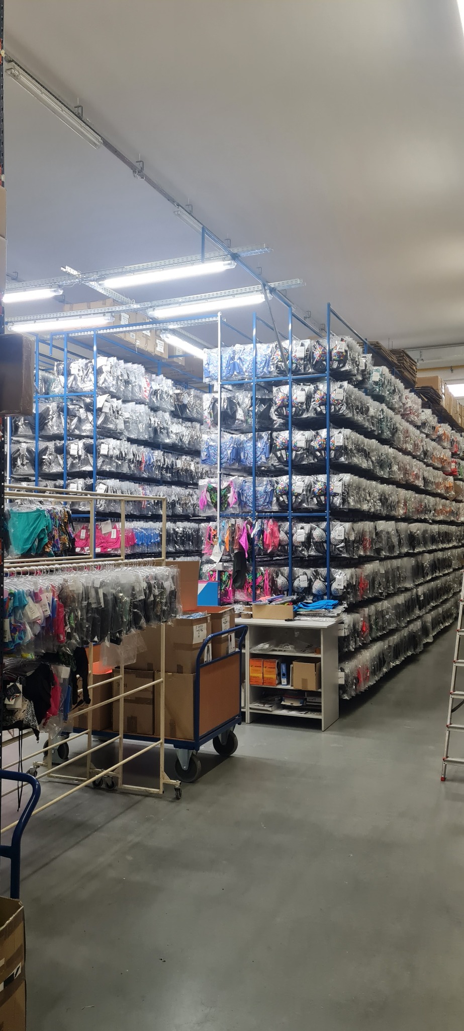 Pełen regałów magazyn z zapakowaną bielizną i odzieżą, wózki transportowe z kartonami na pierwszym planie, oświetlenie przemysłowe.