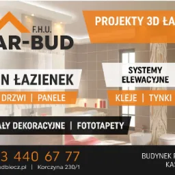 Reklama salonu łazienek Mar-Bud z wizualizacją łazienki w tle, informacją o projektach 3D gratis oraz ofercie obejmującej okna, drzwi, panele, materiały dekoracyjne i fototapety.