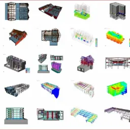 Kompilacja wizualizacji 3D różnych etapów projektowania konstrukcji budowlanych, w tym szkieletów stalowych i analiz obciążeniowych, prezentowanych w różnych kolorach i stylach graficznych.