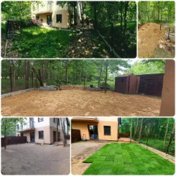 Kompozycja zdjęć przedstawiająca etapy przygotowania terenu pod trawnik przy domu: od wycinki drzew i krzewów, przez niwelację terenu piaskiem, po rozłożenie rolek trawy. Widoczne narzędzia...