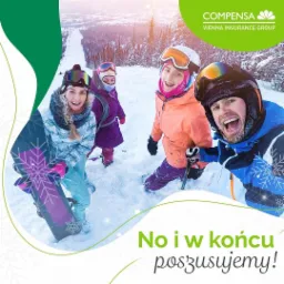 Grupa czterech osób w zimowych strojach pozuje w zasypanym śniegiem górskim krajobrazie, z widocznym logo firmy ubezpieczeniowej w prawym górnym rogu.