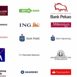 Kompilacja logo różnych banków i instytucji finansowych, w tym Alior Bank, BNP Paribas, ING, Bank Pekao, Millennium Bank, Bank Pocztowy, Bank Polski, Bank Hipoteczny, AXA, Skarbiec i Santander.
