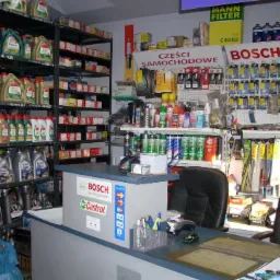 Wnętrze sklepu z częściami samochodowymi i olejami silnikowymi, widoczne regały z produktami i lada z logo Bosch i Castrol, oraz naklejkami akceptowanych kart płatniczych.