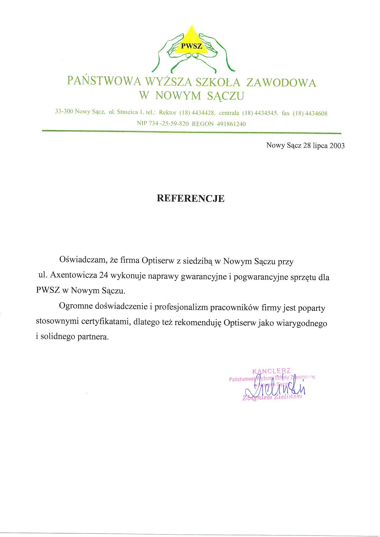 Referencje - Państwowa Wyższa Szkoła Zawodowa w Nowym Sączu