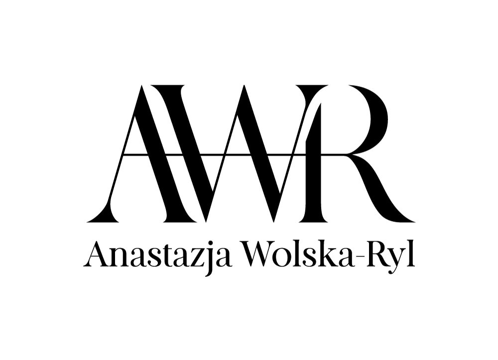 Eleganckie logo kancelarii prawnej z inicjałami AWR i pełnym nazwiskiem Anastazja Wolska-Ryl w czerni na białym tle.