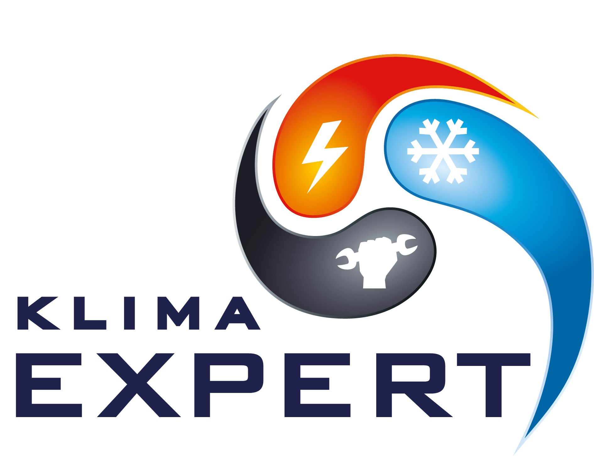 Logo firmy Klima Expert z symbolem błyskawicy, śnieżynki i dłoni trzymającej klucz, symbolizujące ogrzewanie, chłodzenie i serwis.