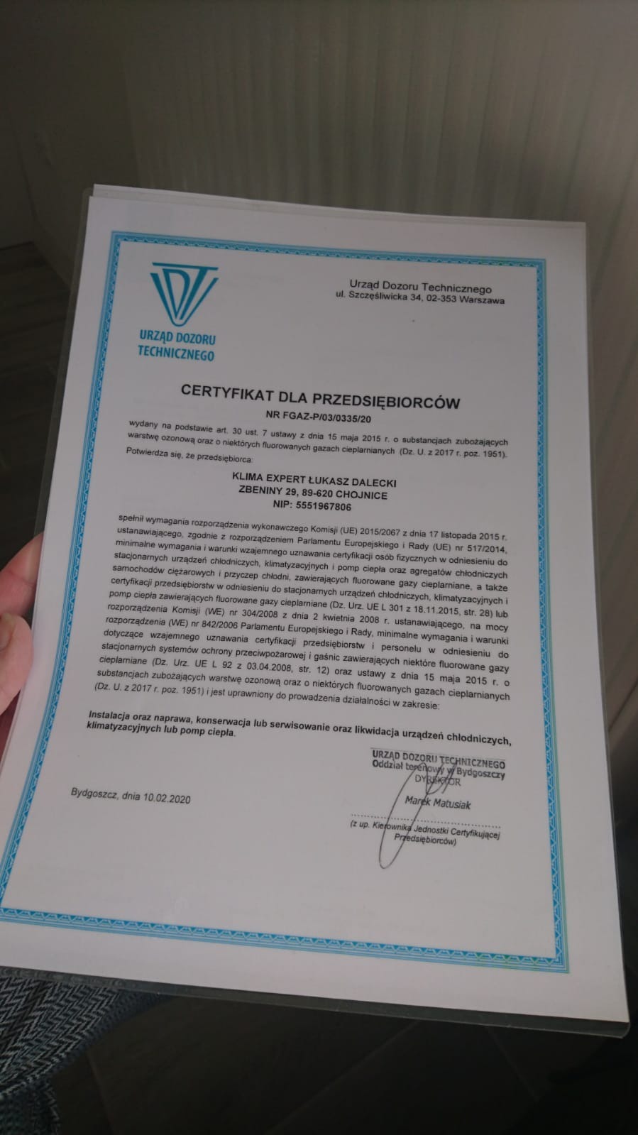 Certyfikat Urzędu Dozoru Technicznego dla przedsiębiorstwa Klima Expert Łukasz Dalecki z Chojnic, uprawniający do instalacji, naprawy, konserwacji, serwisowania i likwidacji urządzeń chłodniczych...