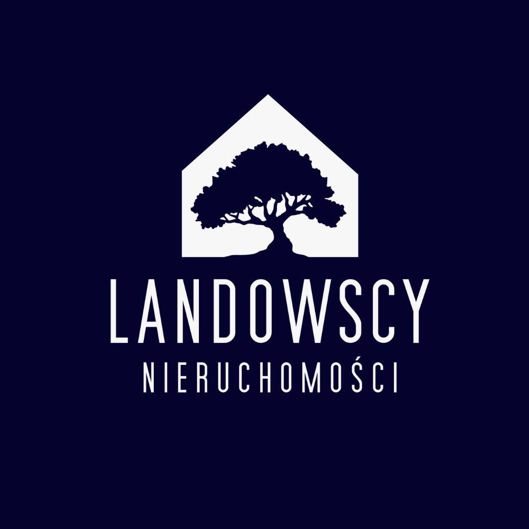 Logo firmy LANDOWSCY Nieruchomości z sylwetką drzewa w kształcie domu na granatowym tle.