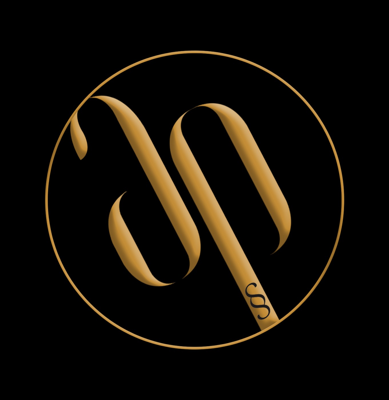 Eleganckie logo kancelarii prawnej: złoty paragraf w okręgu na czarnym tle. Minimalistyczny design, symbol profesjonalizmu i zaufania w usługach prawnych.