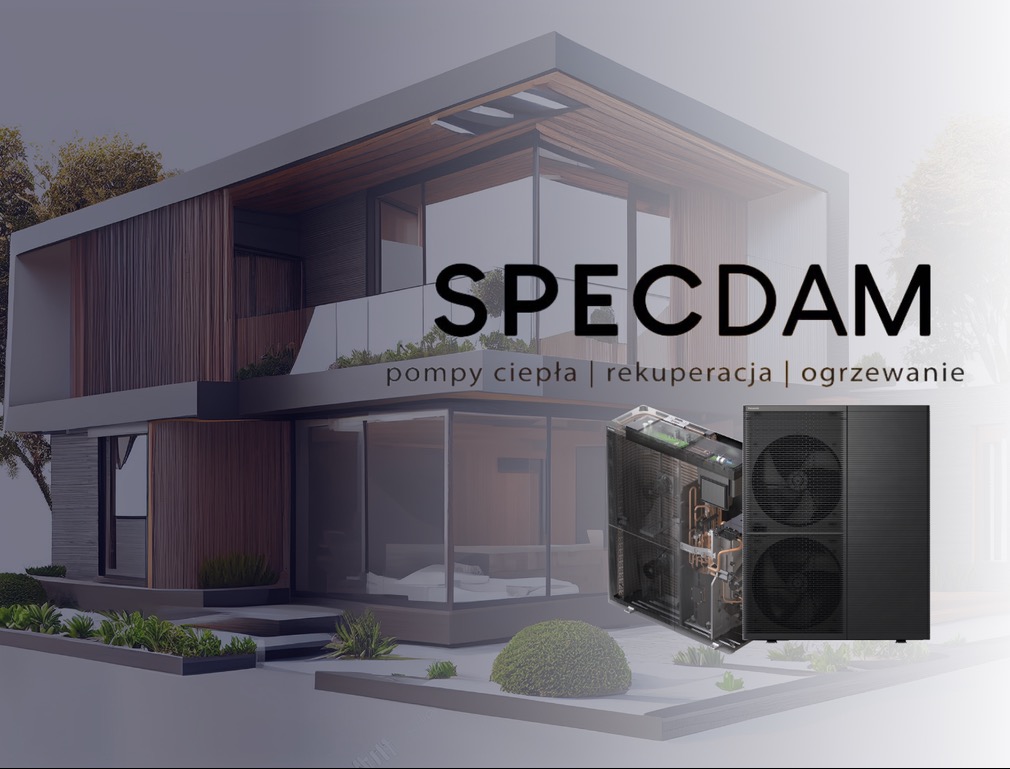 Wizualizacja nowoczesnego domu z pompą ciepła i systemem rekuperacji, logo firmy SPEC DAM nadrukowane na obrazie, przekrój pompy ciepła obok kompletnego urządzenia.